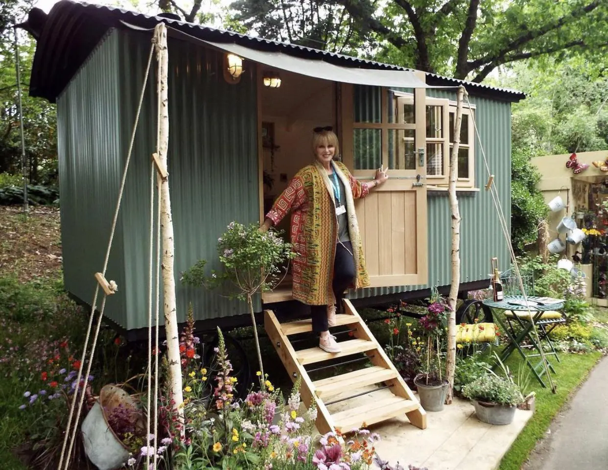 Joanna Lumley visiting the Plankbridge stand at Chelsea Flower Show 2019